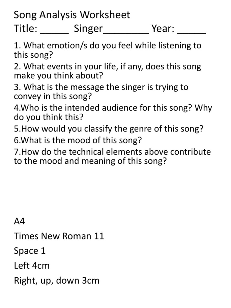 Song Analysis Worksheet PDF