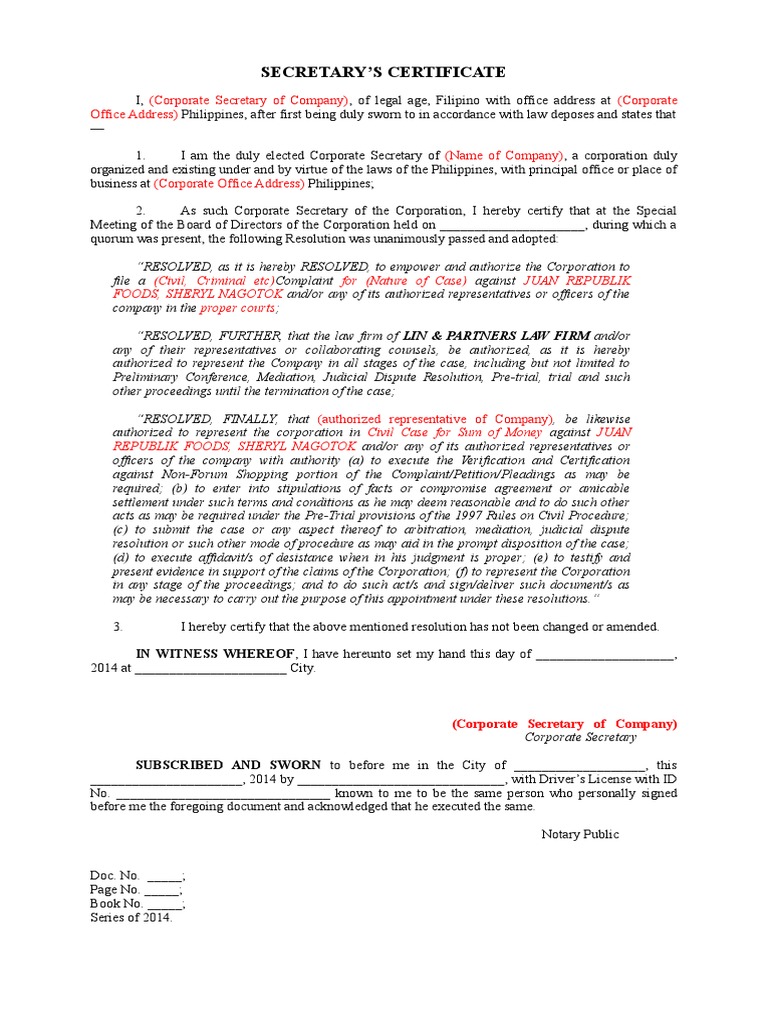 Template Secretarys Certificate PDF Mediation Complaint