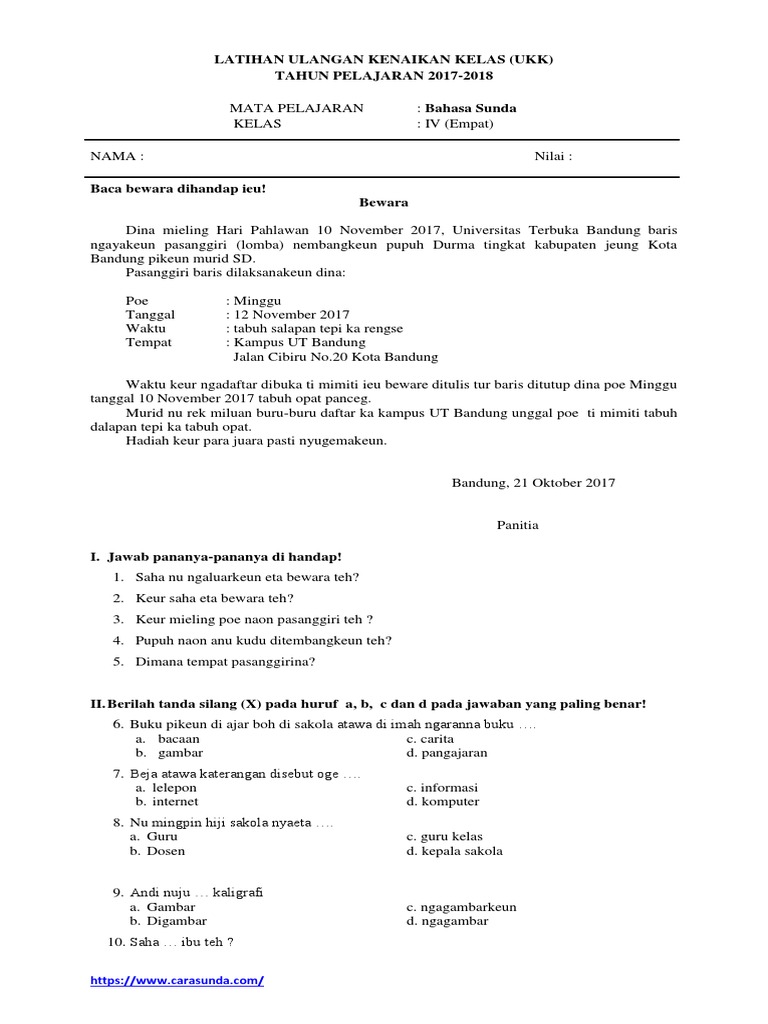 Soal Ukk Bahasa Sunda Kelas 4a Docx