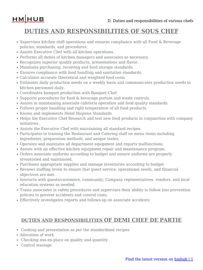D. Duties and Responsibilities of Various Chefs PDF Chef Entrée