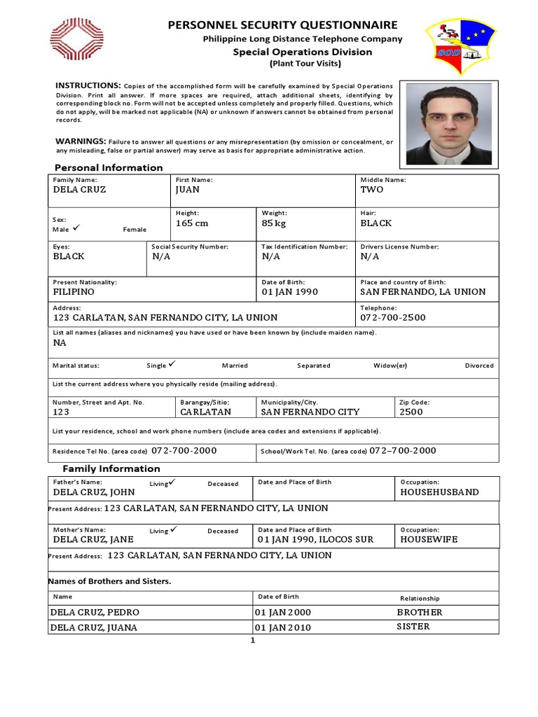 Personnel Security Questionnaire Personal Information PDF Virtue Common Law