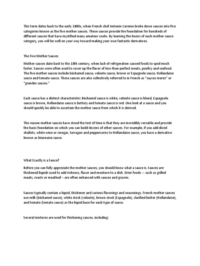 Mother Sauces PDF Sauce Tomato Sauce