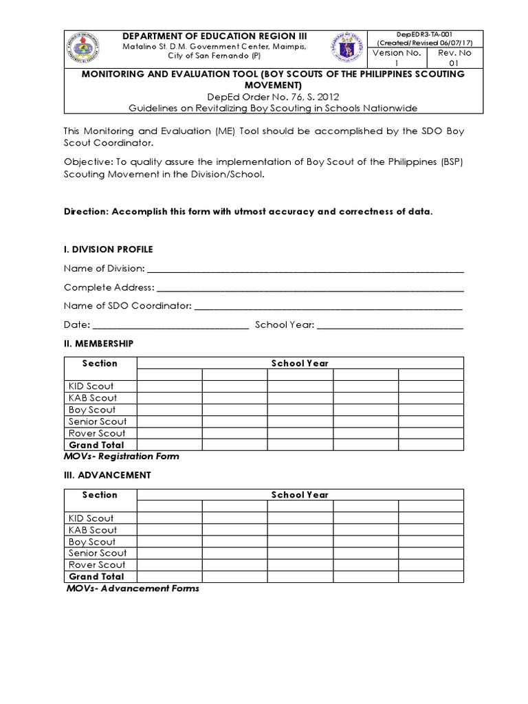BSP Monitoring and Evaluation Tool | PDF | Scouting | Youth Organizations