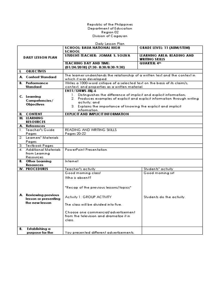 DLPjanuary 24, 2018 Reading and Writing Skills PDF Lesson Plan