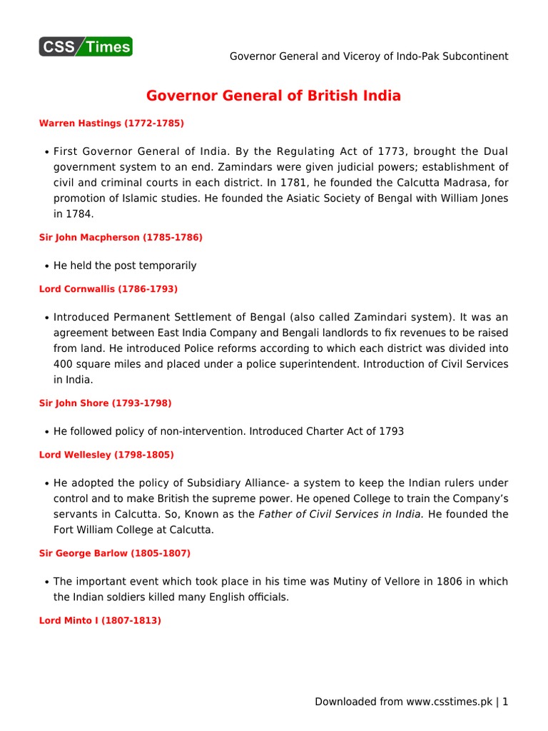 Governor Generals and Viceroys of British India | PDF | British Raj ...