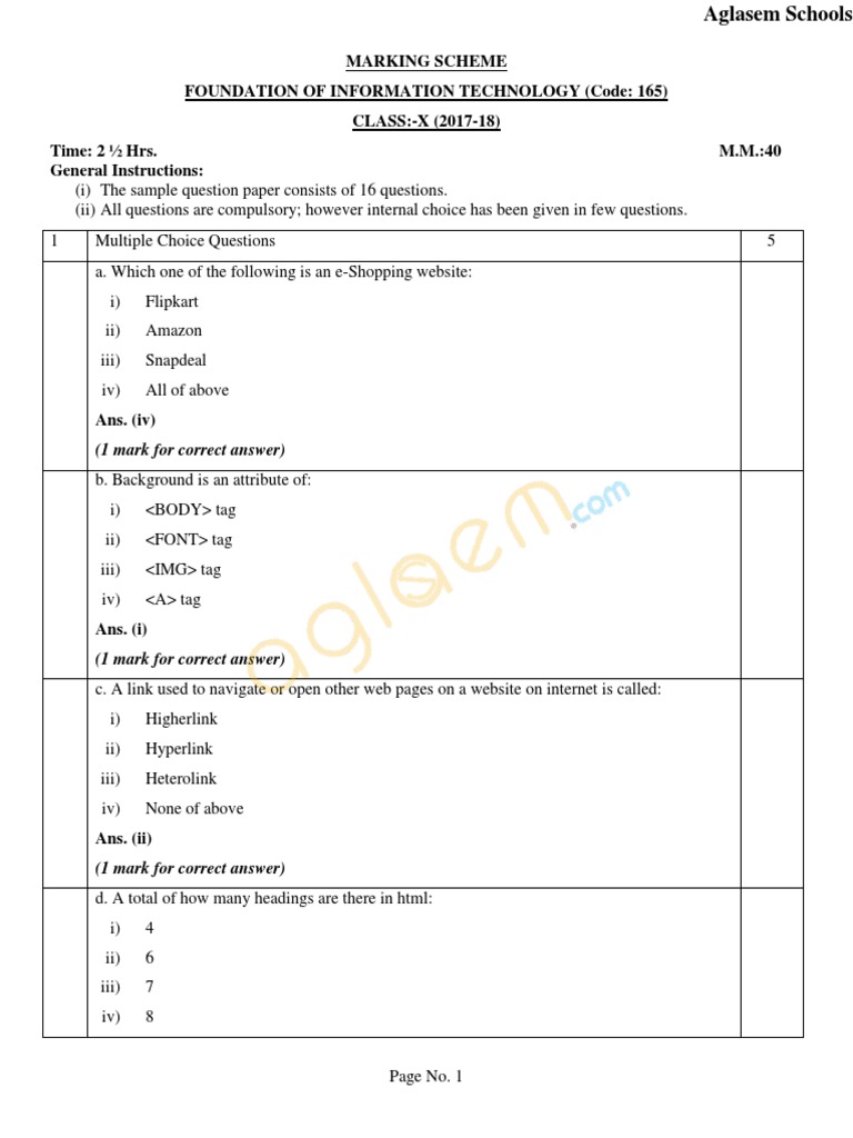 CBSE Class 10 Sample Paper Marking Scheme 2018 - FIT-MS PDF | PDF ...