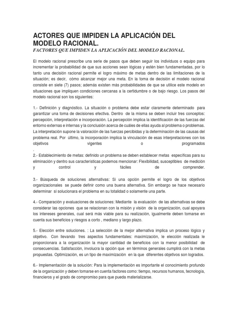 Factores que Frenan el Modelo Racional | PDF | Racionalidad | Toma de ...