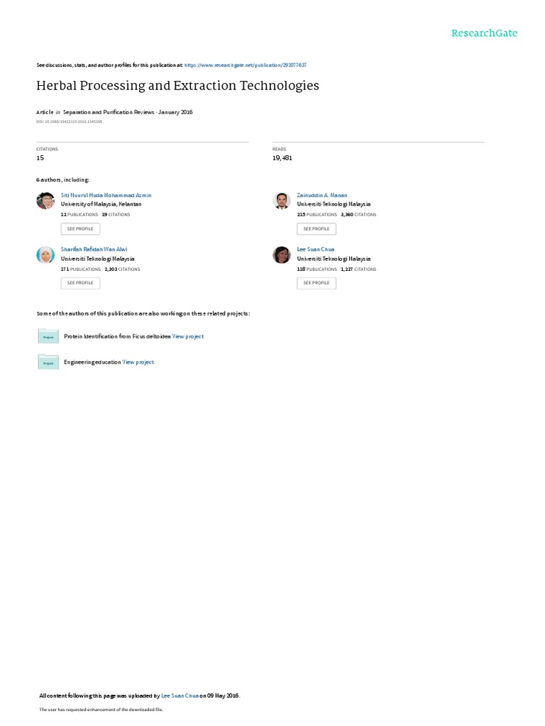 Separation Purification Reviews PDF Herbalism Supercritical Fluid