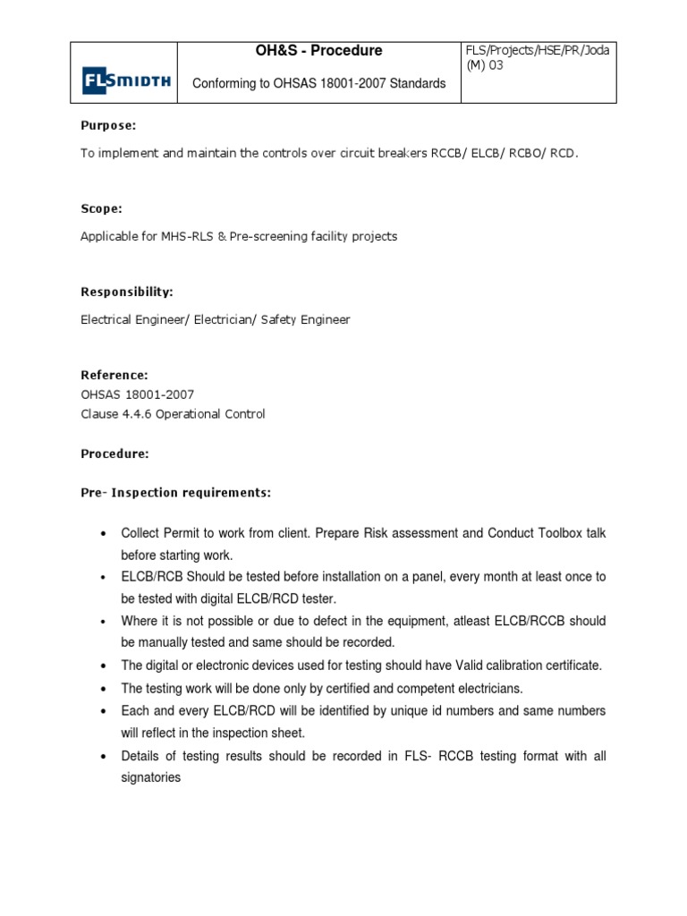 Elcb Inspection Procedure Pdf Manufactured Goods Engineering