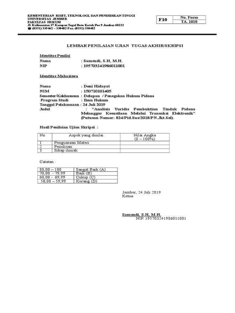 F10 Form. Penilaian Ujian Skripsi | PDF