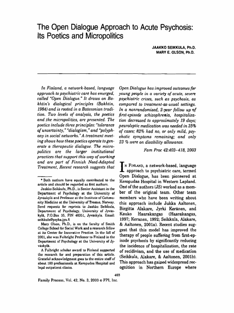 The Open Dialogue Approach Its Poetics and Micropolitics: Acute ...