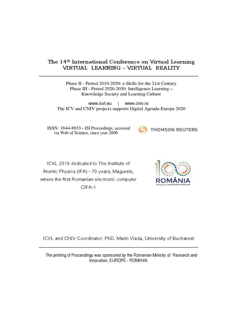 Proceedings Of Icvl 2019 Issn 1844 8933 Isi Proceedings Pdf Educational Technology Virtual Reality