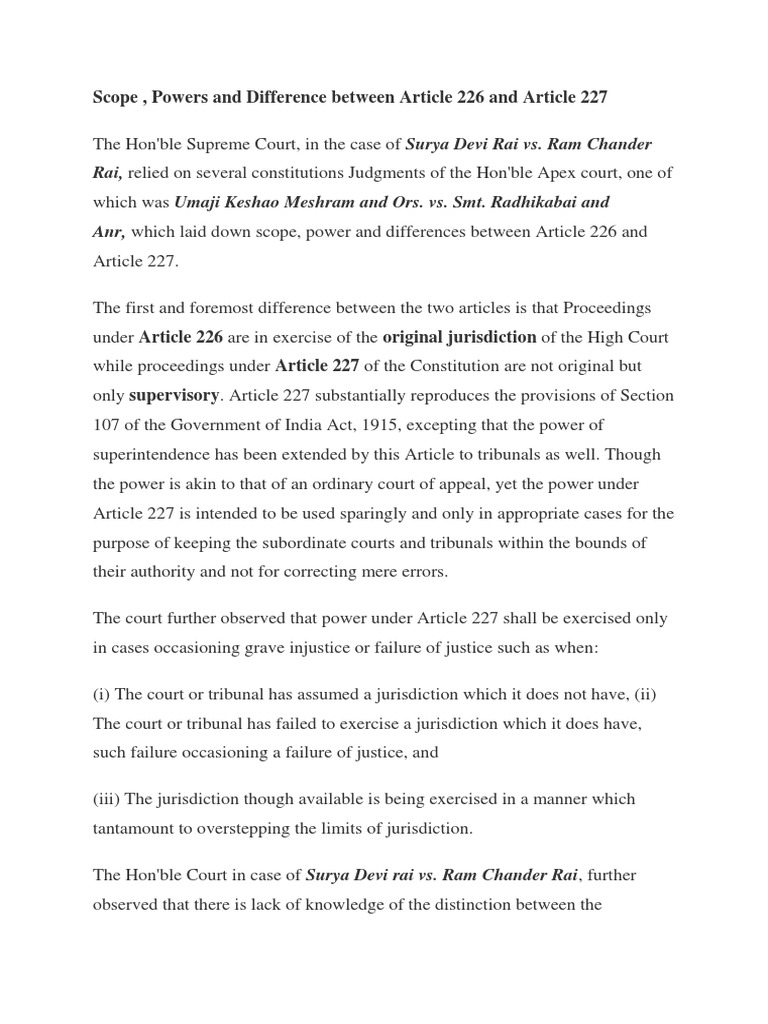 Differences Between Articles 226 & 227 | PDF | Supreme Courts ...