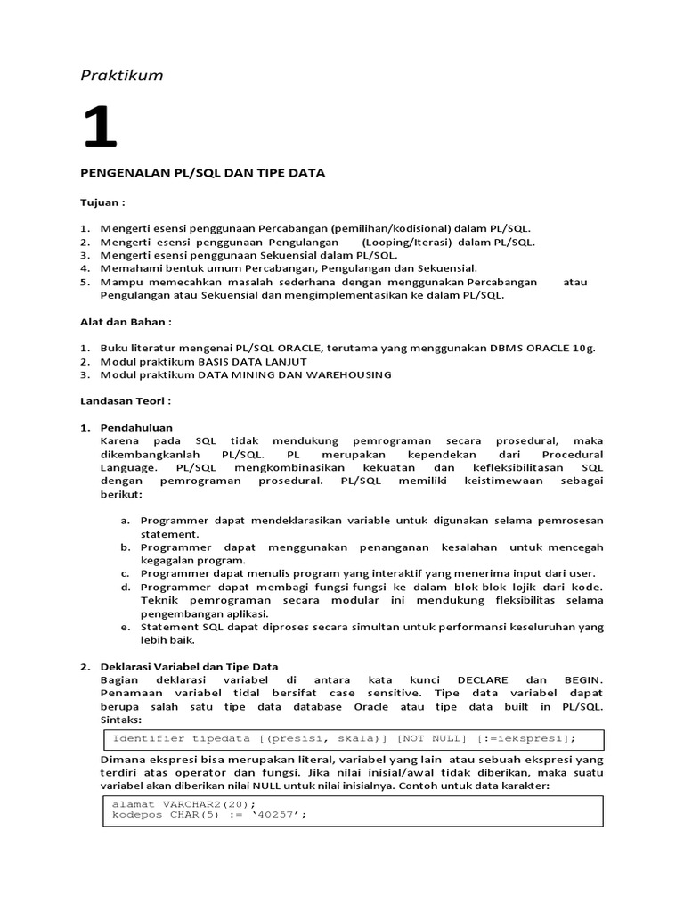 Modul 1 - Pengenalan PL - SQL - Tipe Data | PDF