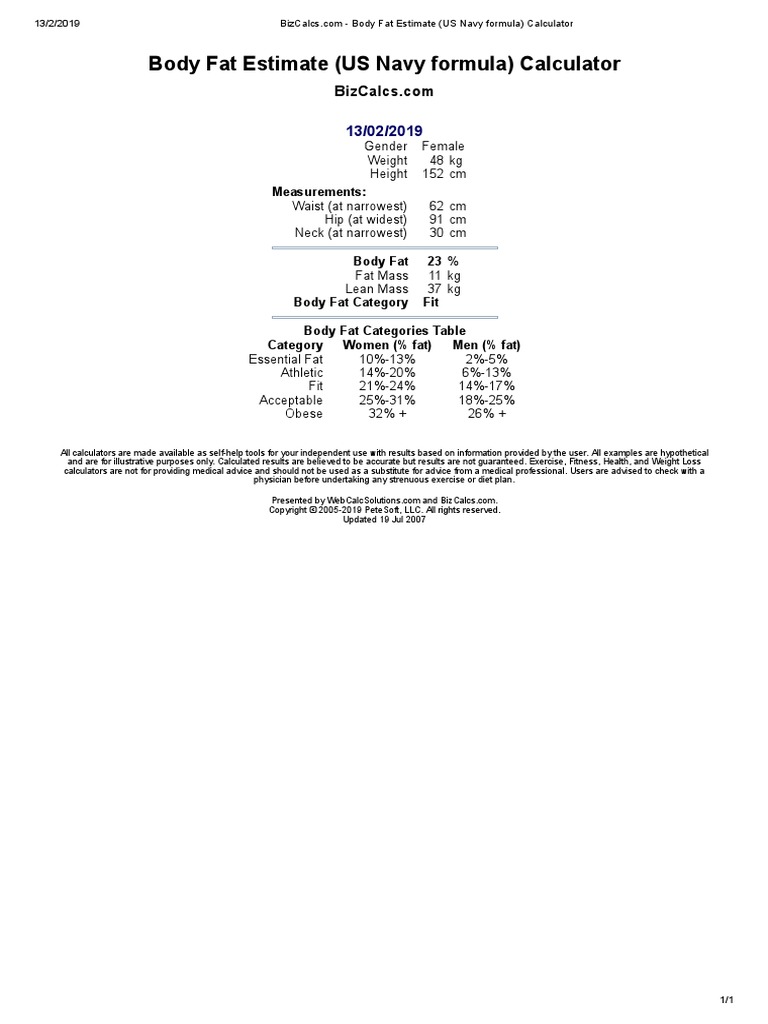 Body Fat Estimate (US Navy Formula) Calculator Measurements PDF Obesity Nutrition
