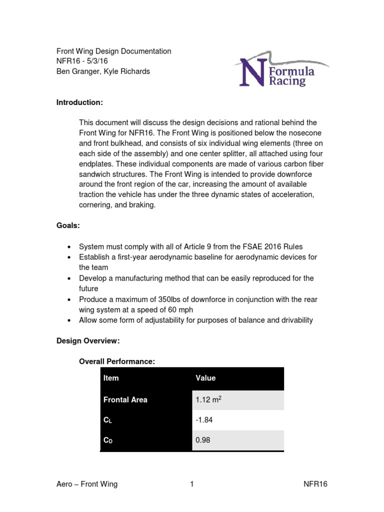 NFR16 Front Wing Design Overview | PDF | Aerodynamics | Mechanical ...