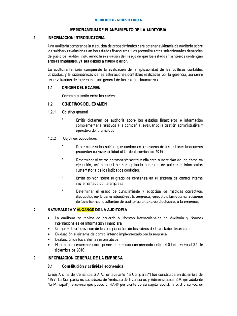 Planificación de Auditoría Financiera 2016 | PDF | Auditoría | Estado ...