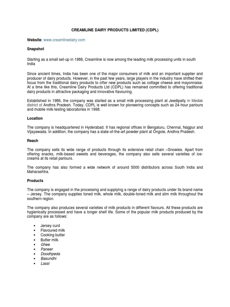 Creamline Dairy Products Limited (CDPL) site Snapshot in Medak