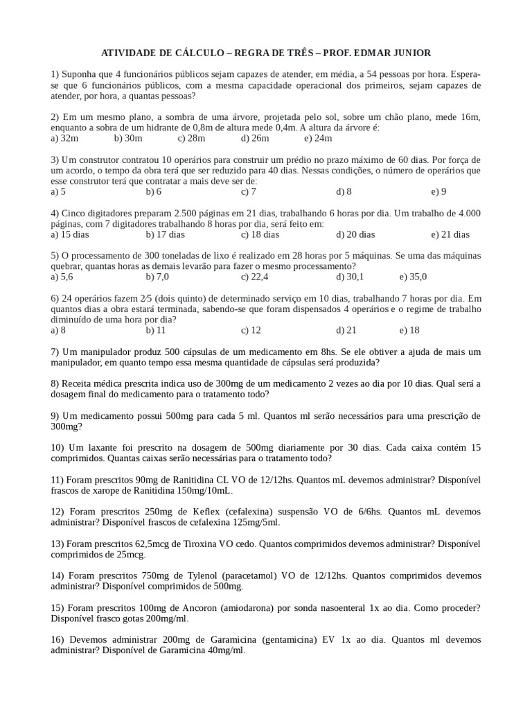 Cálculo de Medicação e Regra de Três | PDF | Receita médica | Drogas