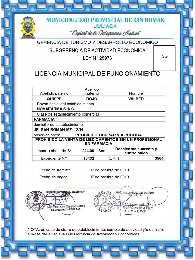 Licencia Municipal de Funcionamiento Farmacia | PDF
