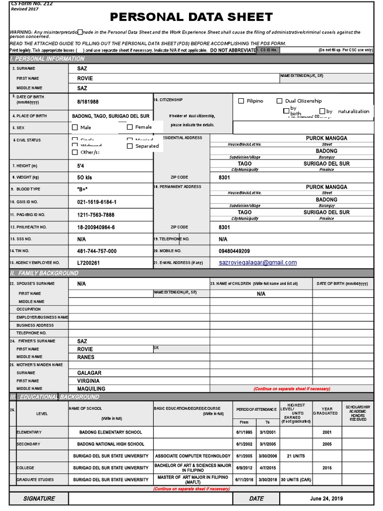 Personal Data Sheet CS Form 212 | PDF | Crime & Violence | Crime Thriller