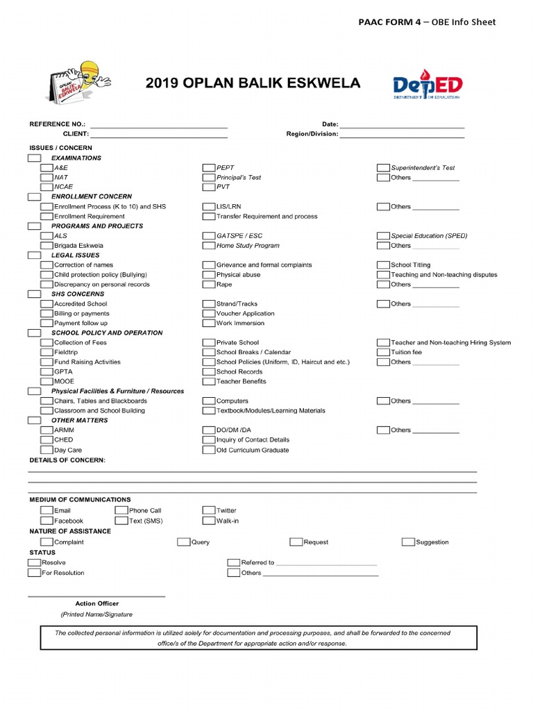 Paac Form 4 - Obe Info Sheet | PDF