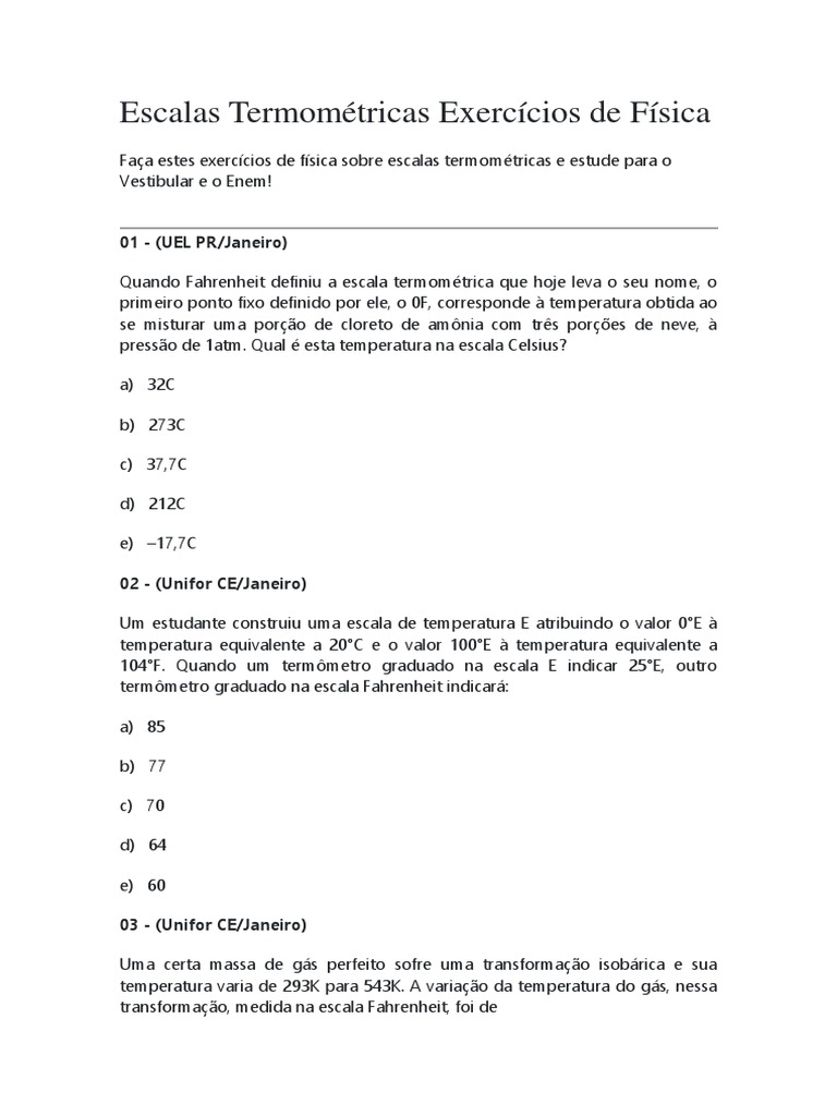 Exercícios Sobre Escalas Termometricas e Troca de Calor | Celsius ...