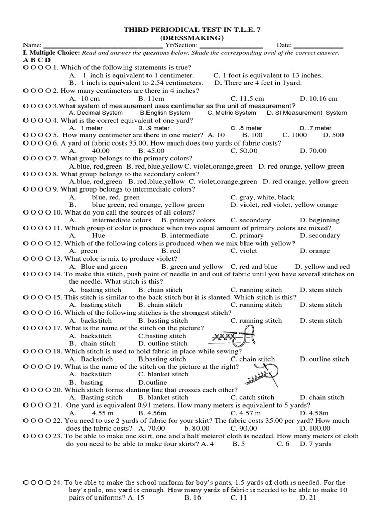 TLE 7Dressmaking Test 3rd Quarter PDF Metre Color