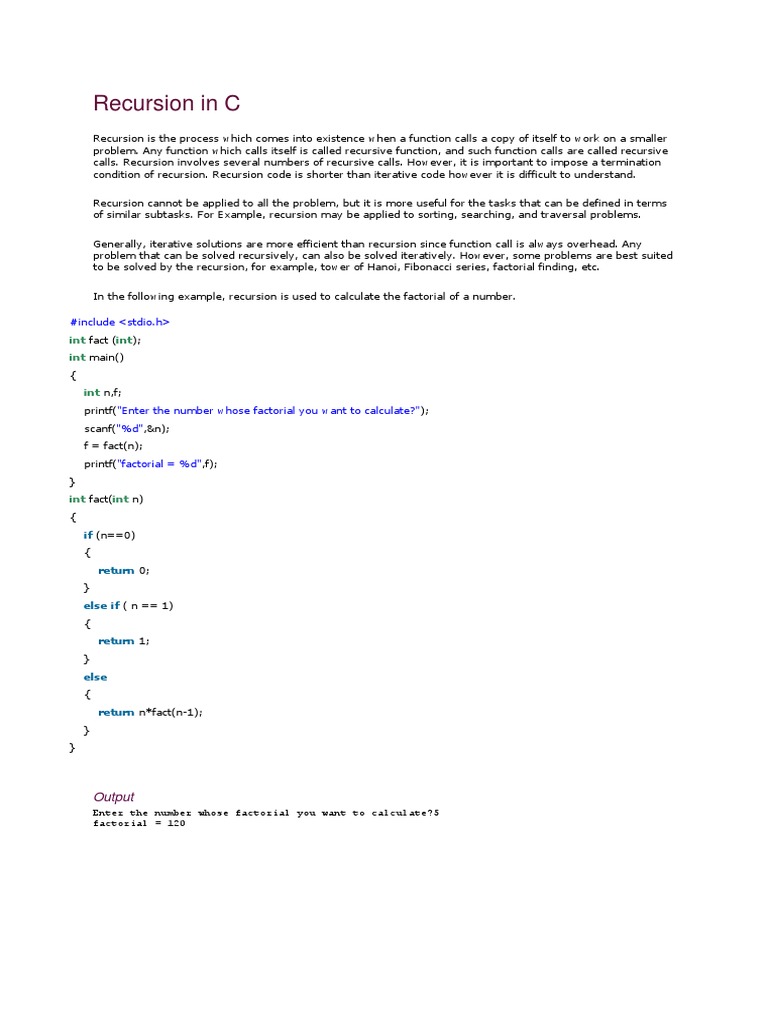Recursive C functions explained | PDF