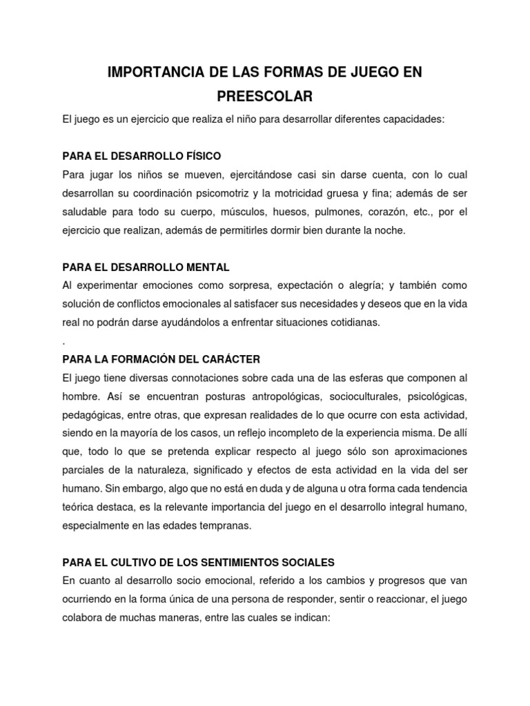 Formas de Juego en Preescolar | PDF | Educación de la primera infancia ...