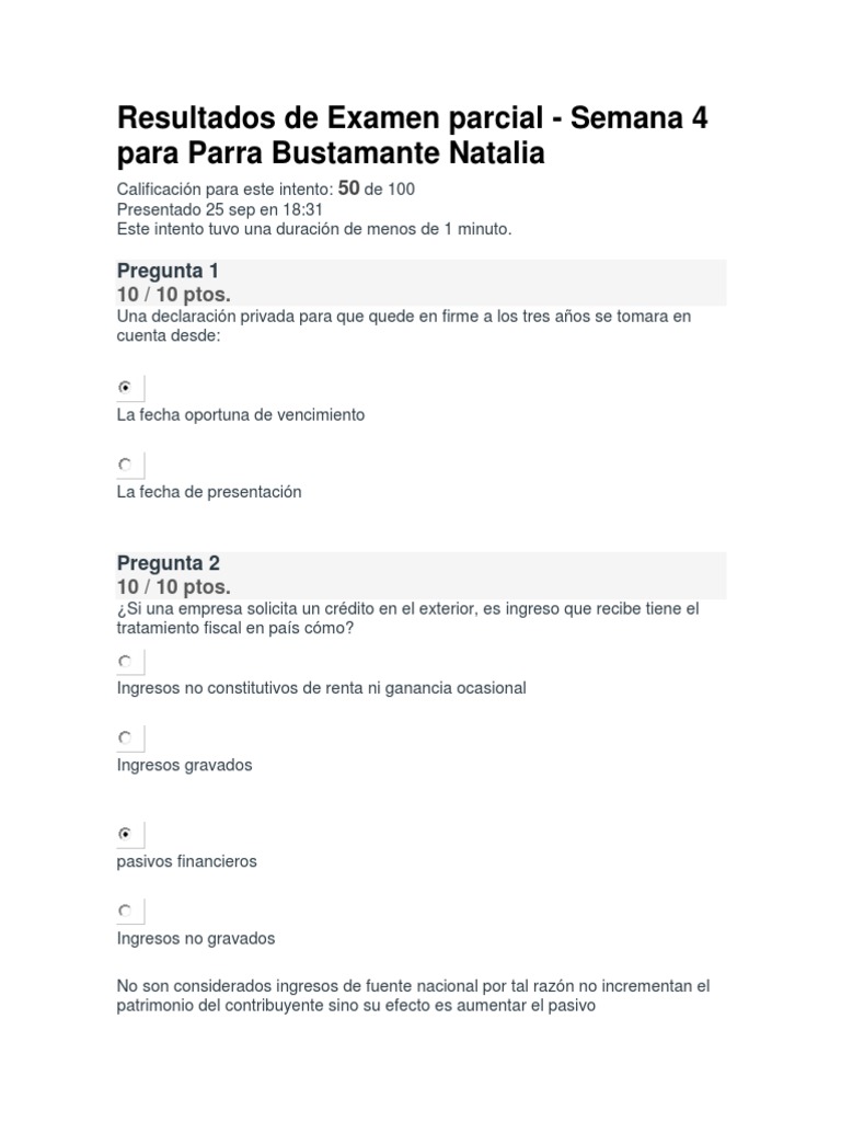 Examen Parcial Semana 4 IMPUESTOS Intento 1 PDF | PDF | Impuestos ...