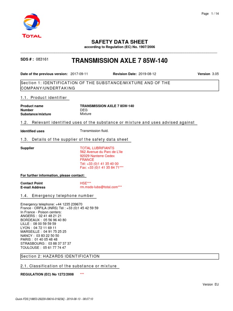 Transmission Axle 7 85W140 Safety Data Sheet PDF Waste Combustion
