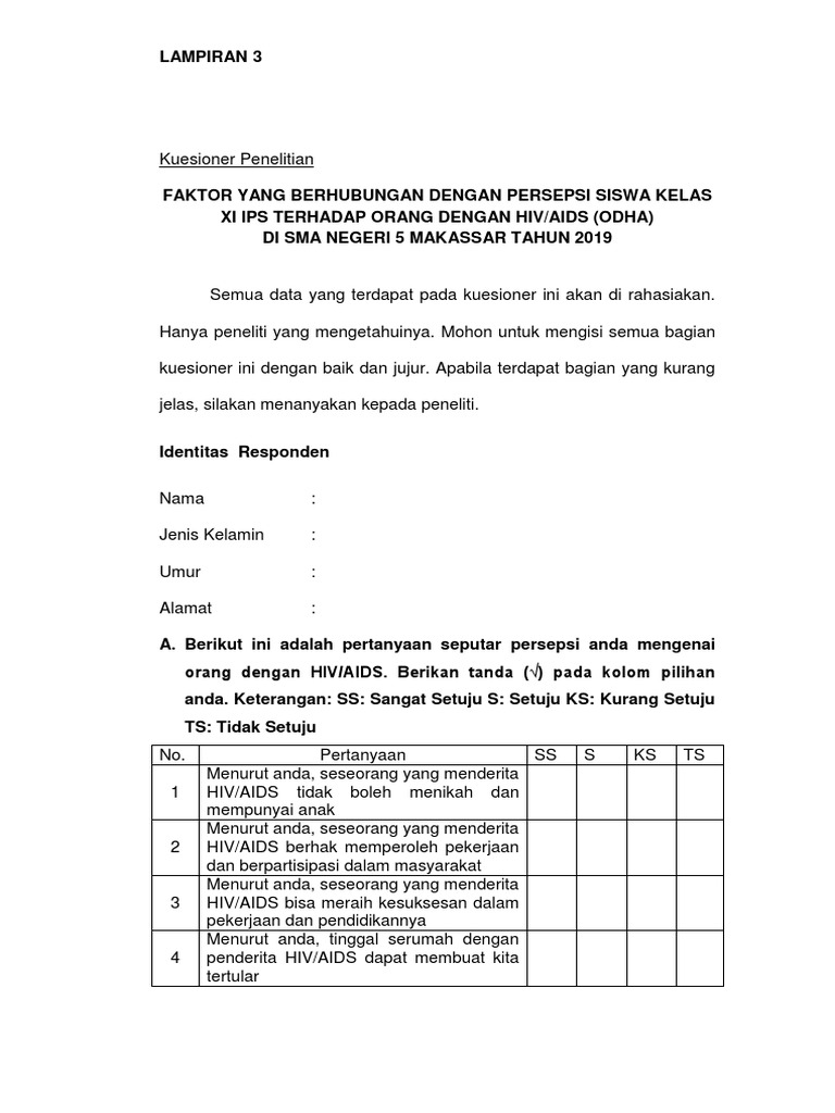 Kuesioner Penelitian Persepsi Siswa Terhadap Orang Dengan Hiv Aids | PDF