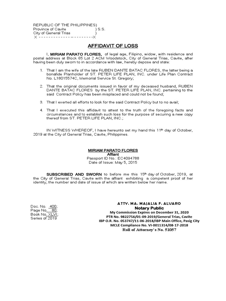 Affidavit of Loss for St. Peter Plan | PDF | Affidavit | Document