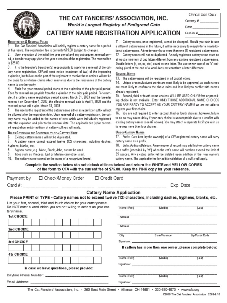 Cattery Name Registration Application The Cat Fanciers' Association