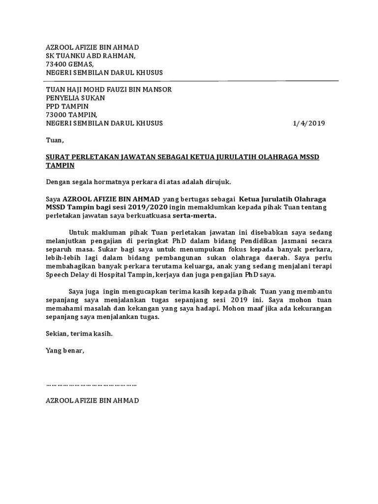 Contoh Surat Berhenti Kerja Bahasa Melayu