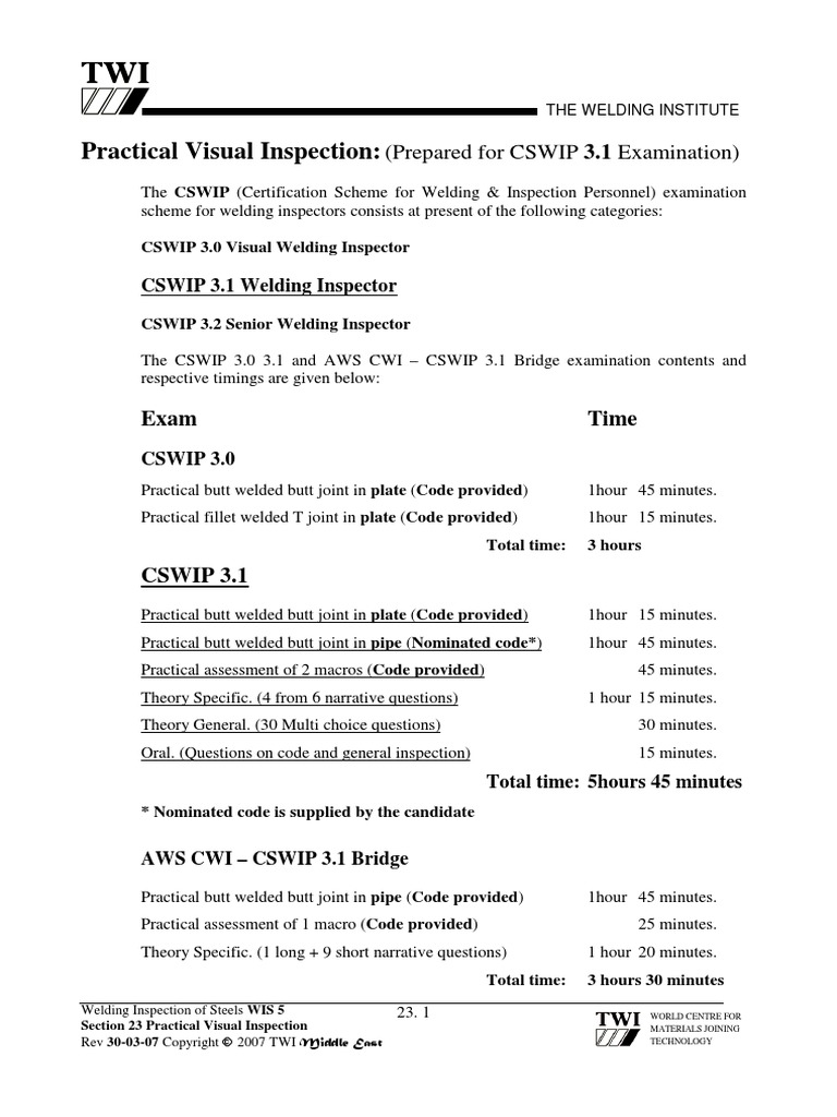 23 CSWIP 3.1 Practical Visual Inspection 30-03-07 PDF | PDF | Welding ...