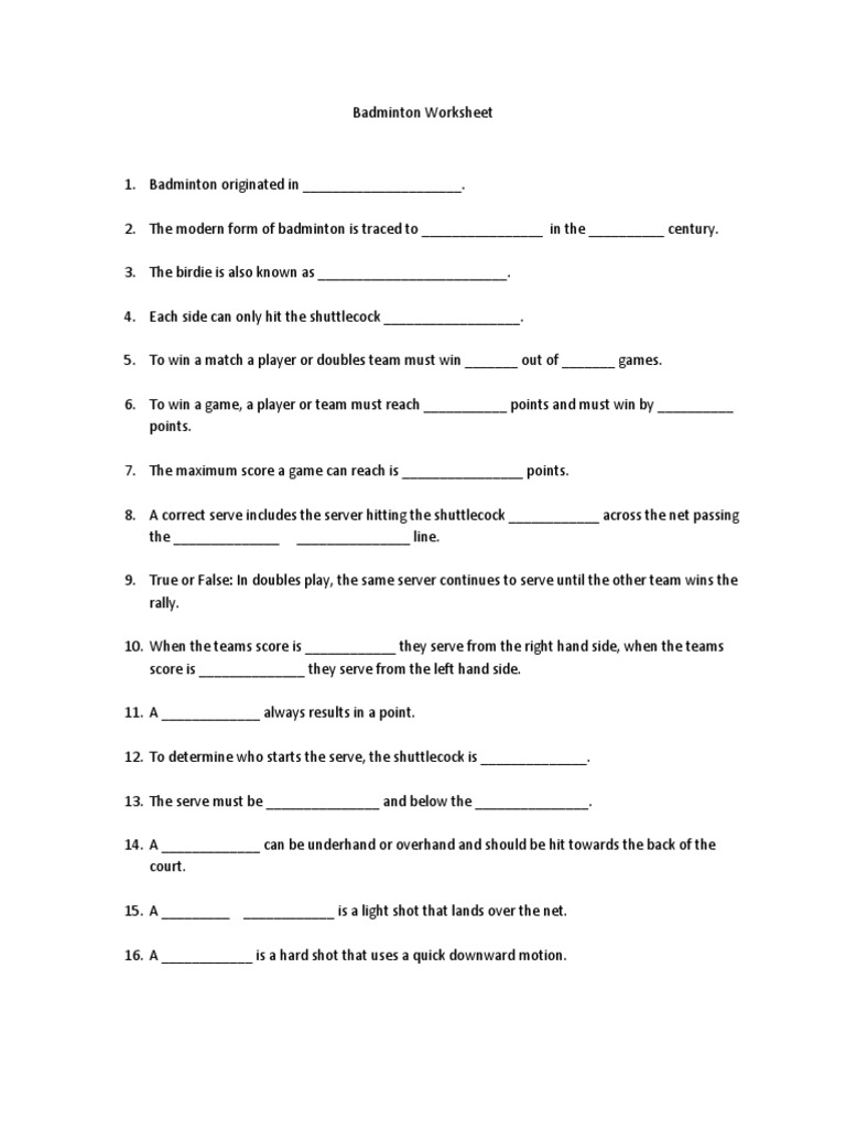 Badminton Worksheet PDF Competitive Games Summer Olympic Sports