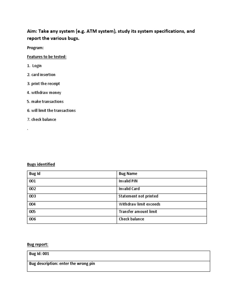 Aim: Take Any System (E.g. ATM System), Study Its System Specifications ...