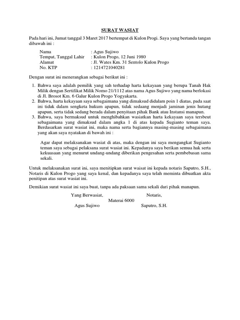Contoh Surat Wasiat Pdf