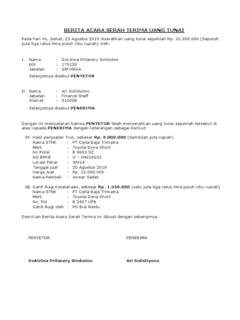 Berita Acara Serah Terima Uang Kas