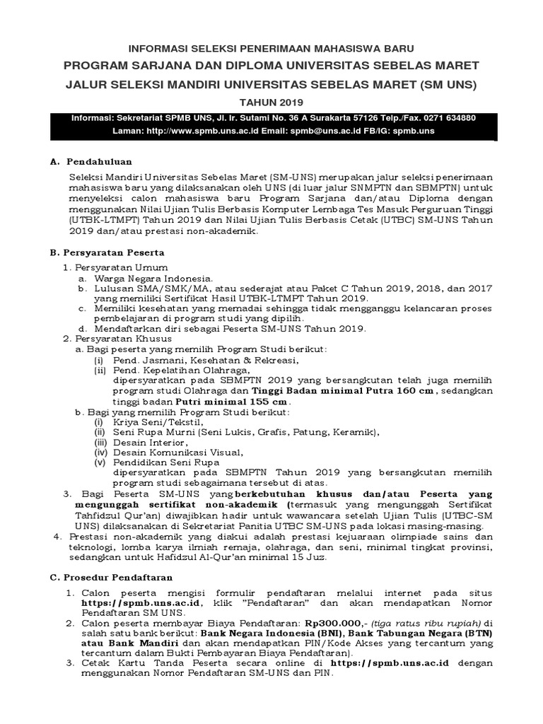 Seleksi Mandiri Uns Tahun 2019