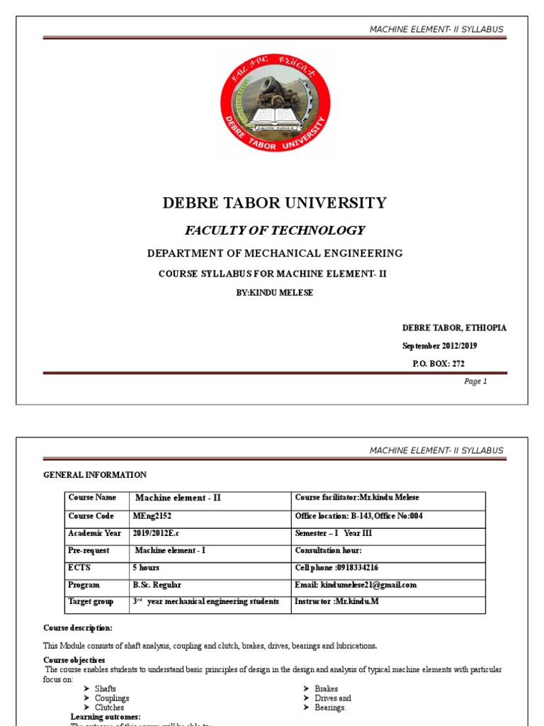 Machine Elements II Course Syllabus | PDF | Machines | Clutch
