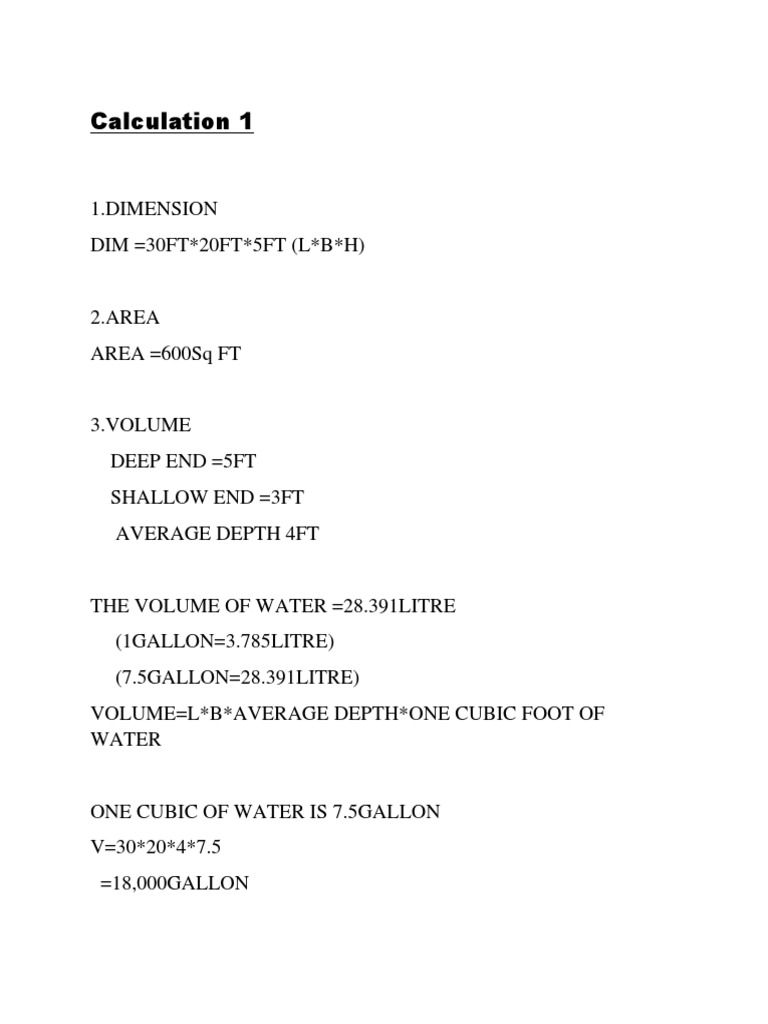 Calculation Swimming Pool PDF Litre Volume