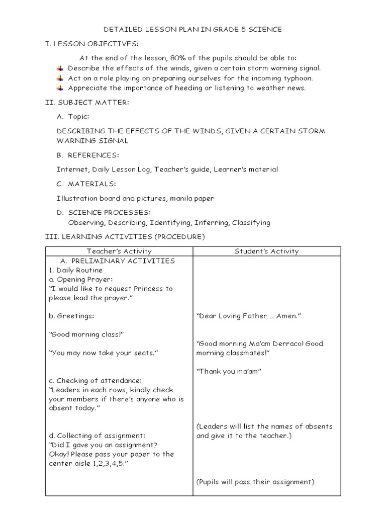 Detailed Lesson Plan In Grade 5 Science Pdf Tropical Cyclones Natural Disasters