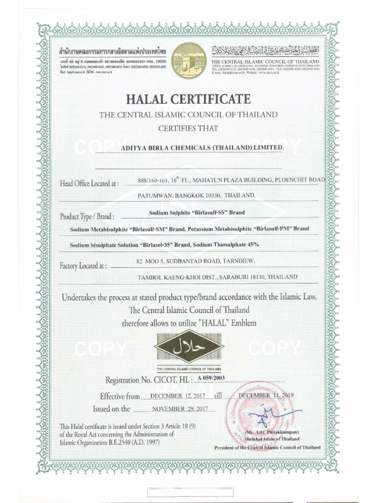 HALAL Certificate 2018-2019 (English) - Exp 11 Des 2019 | PDF