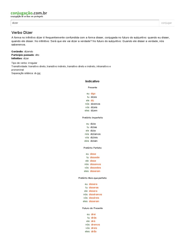 Conjugação Do Verbo Dizer Conjugação de Verbos PDF Sintaxe