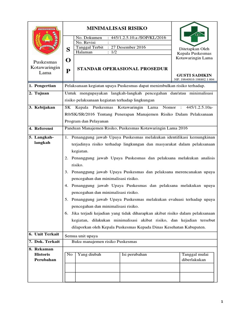 SOP Minimalisasi Risiko Puskesmas Kotawaringin | PDF