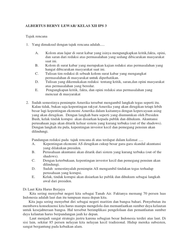 Contoh Soal Latihan Tajuk Rencana