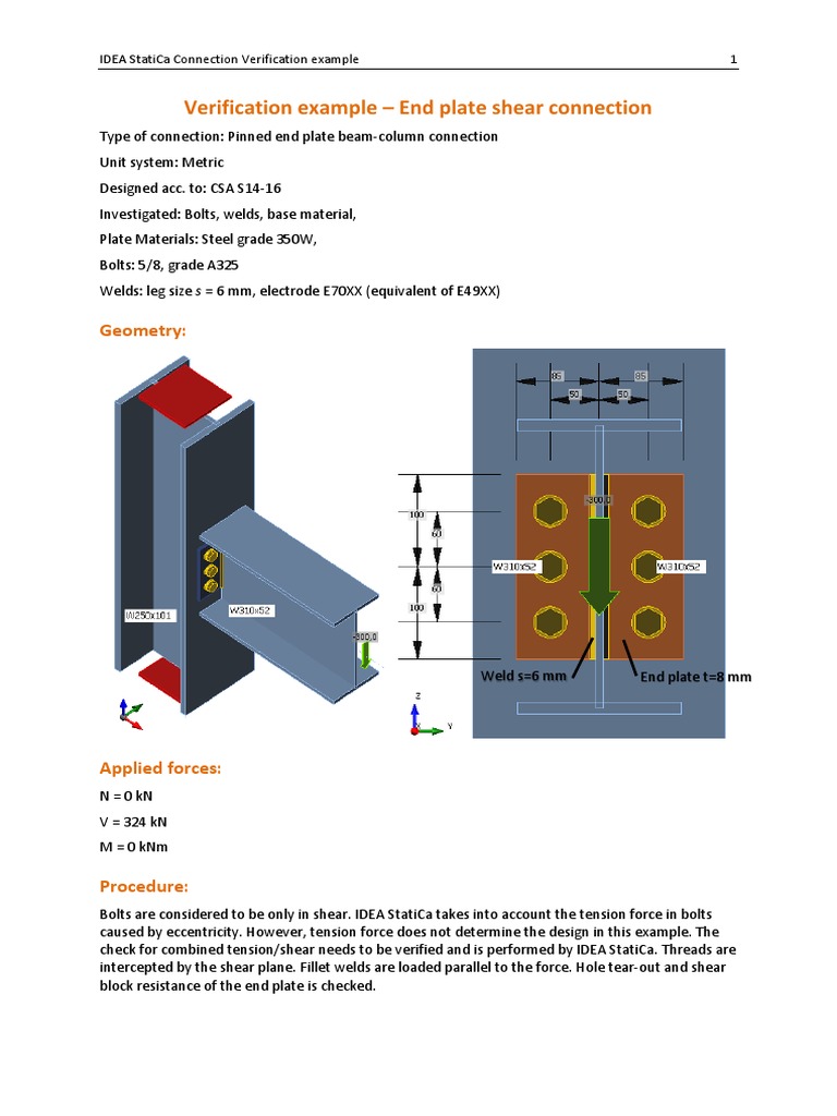 Verification Example - End Plate Shear Connection: Geometry | PDF
